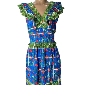 Garrie B Women's Floral Smocked Waist Midi Dress Blue Multi Size S